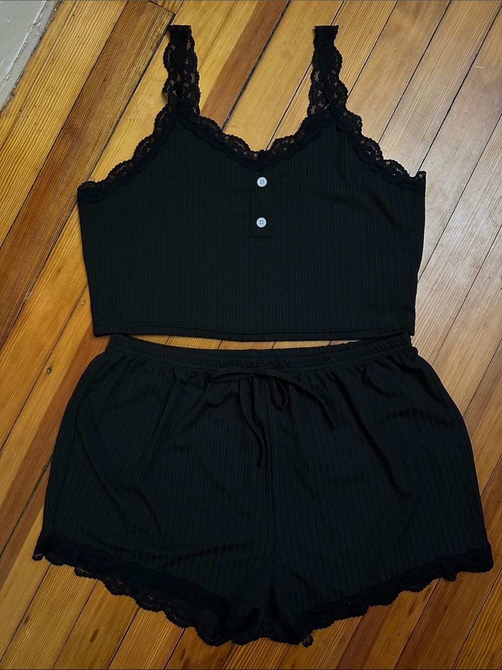 Black Ribbed Lace Trim Camisole & Short Sleep Set S/M